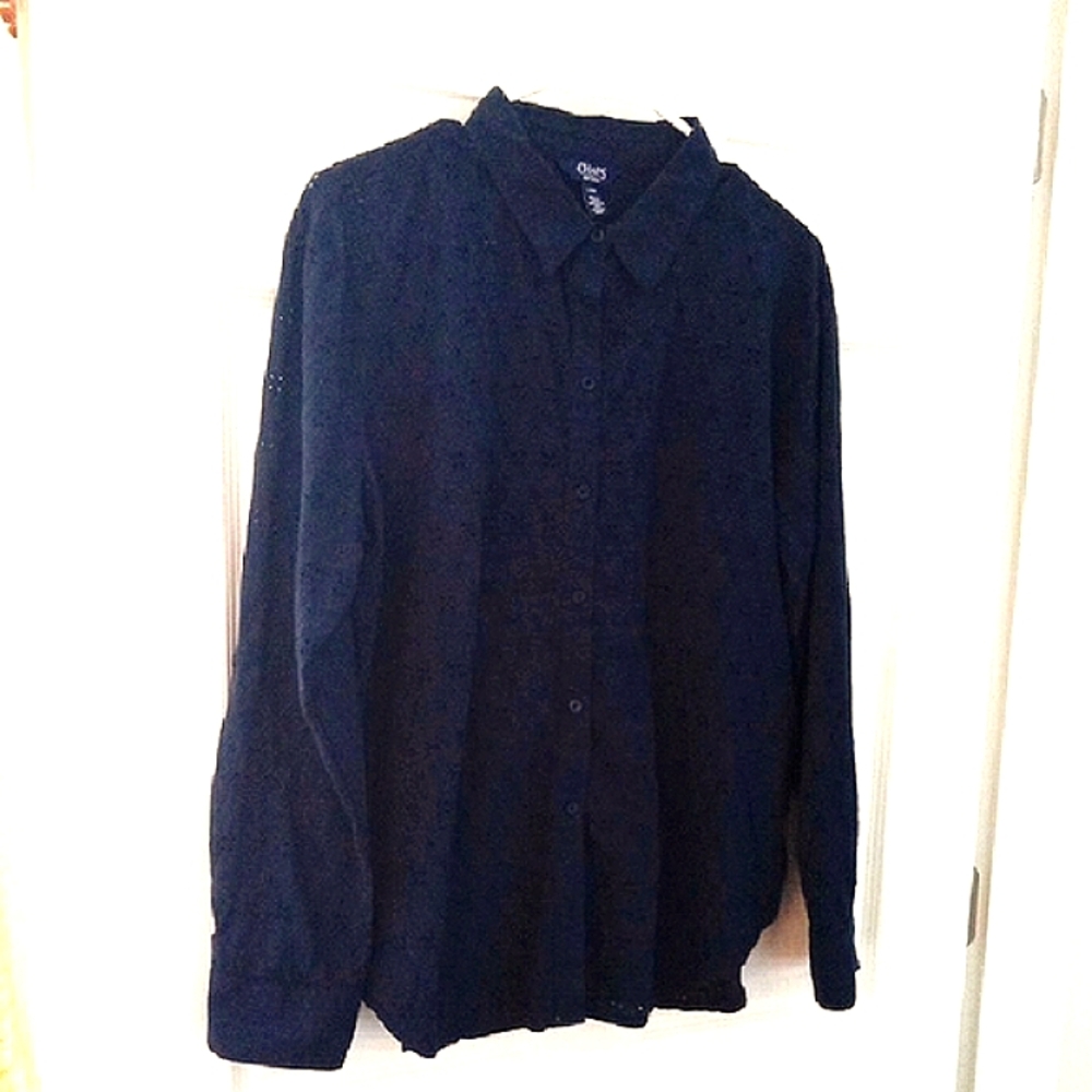 Chaps RL Women's Navy Cotton Eyelet Button Up Shirt Button Tab Sleeves Large